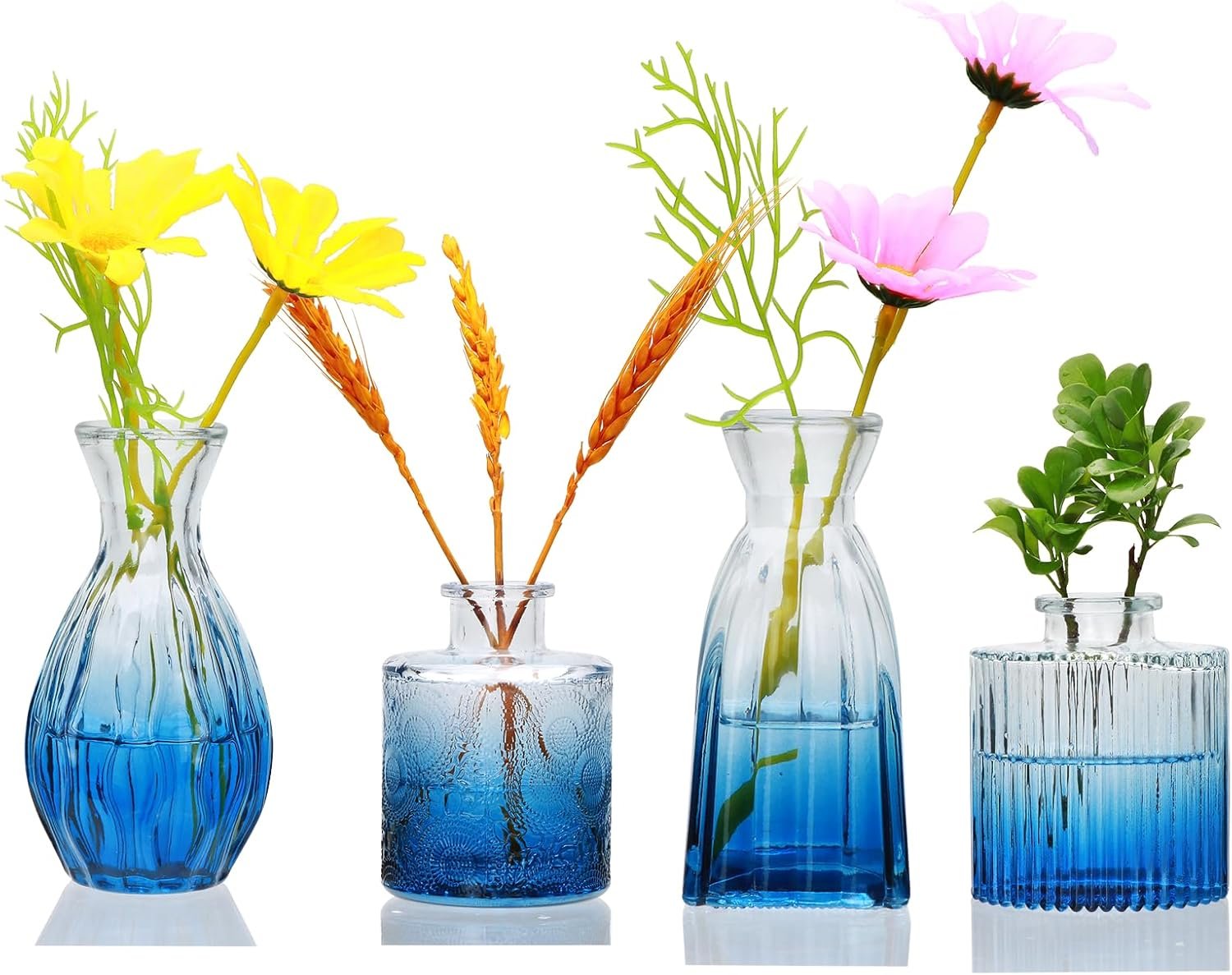 Small, dark blue vases, suitable for wedding table decorations; transparent vintage-style embossed mini vases.