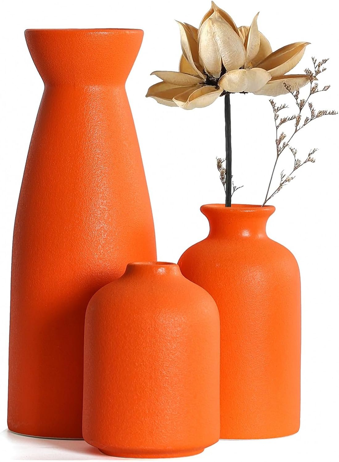 Orange Ceramic Vase Set - Three Small Vases for Modern Country Farmhouse Home Decor