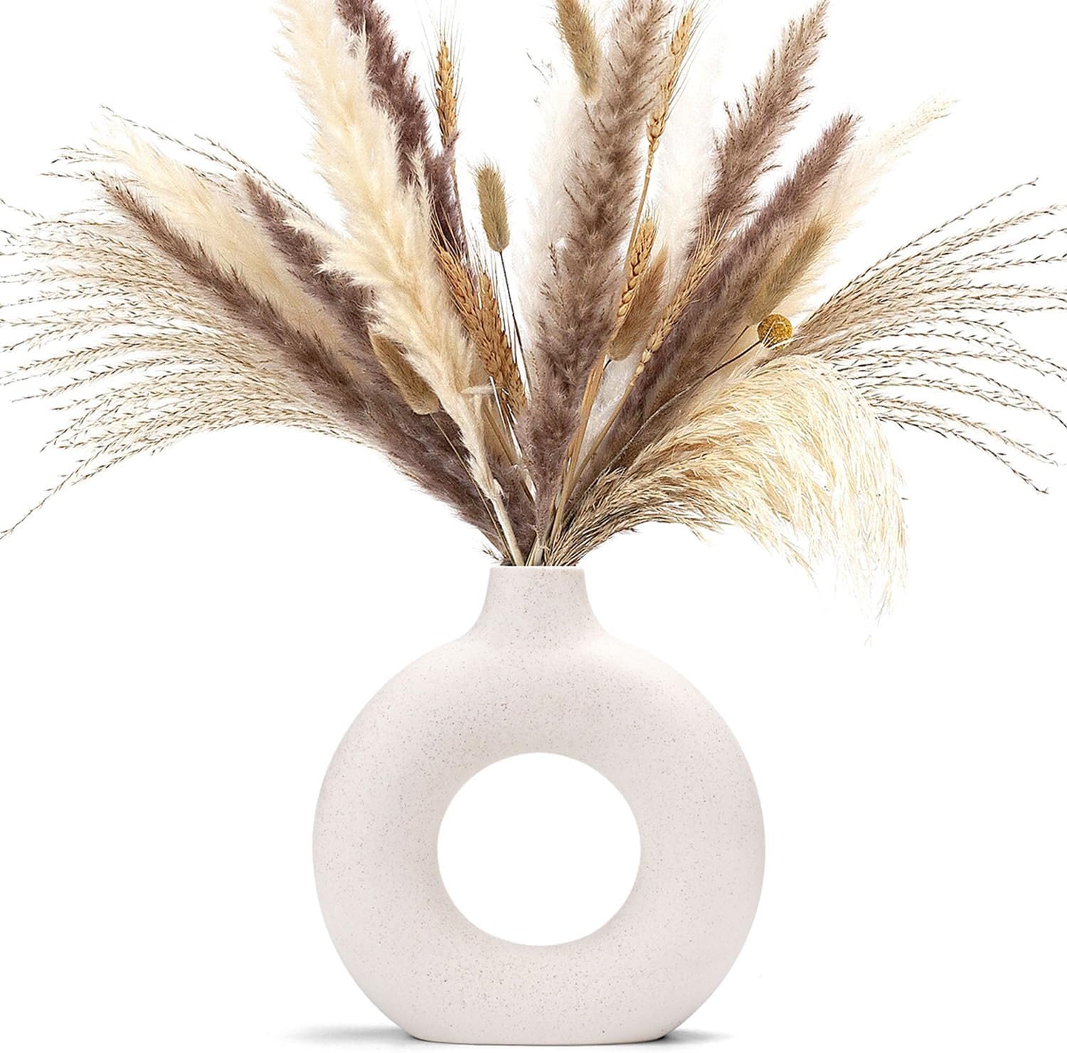 White donut-shaped vase, openwork ceramic vase, handmade, minimalist bohemian style, modern home décor.